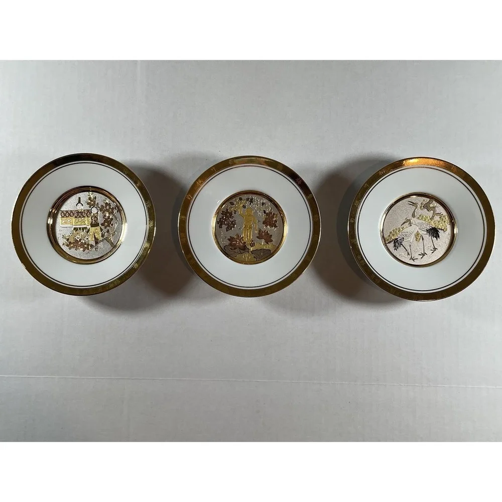 Vintage Hamilton Collection Decorative Plates‎ Gold Trim Set of 3 Asian Inspired